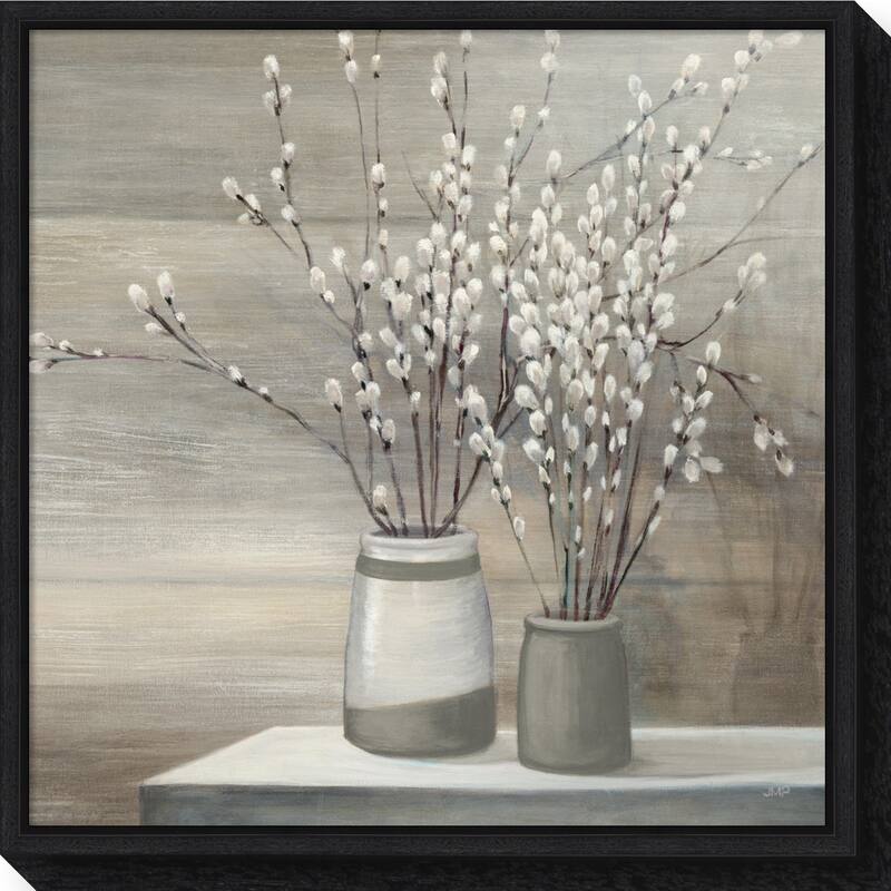 Canvas Art Framed 'Willow Still Life Gray Pots' by Julia Purinton - Black - 22 x 22 - Black