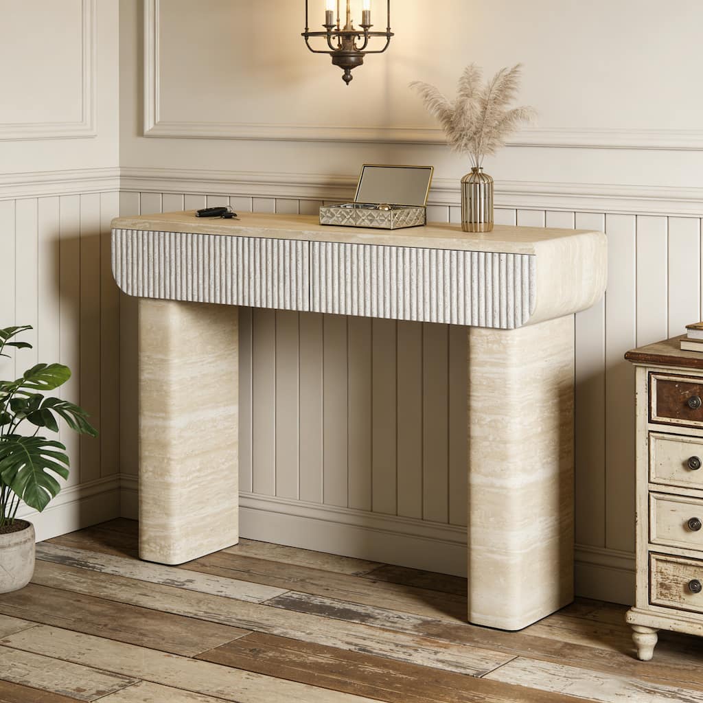 Console Table Entryway Table with Hidden Handle Drawers, Beige Yellow Hallway Table Side Table Accent Table