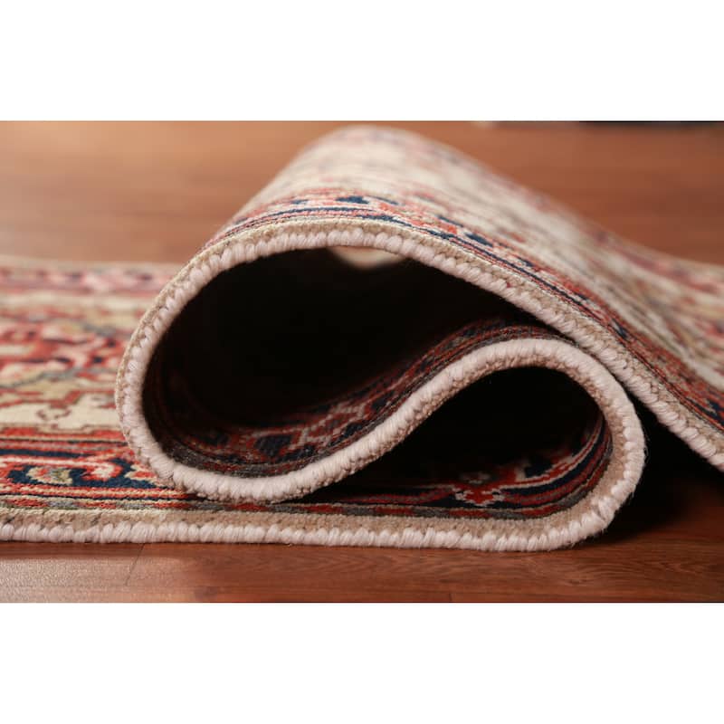 Hand Knotted Oriental 100% Wool Carpet Traditional Geometric Beige & Ivories Heriz (serapi) Runner Rug - 8' 0'' X 2' 7''