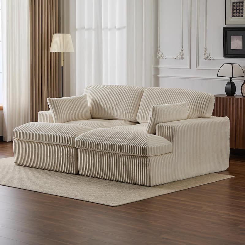 Modular Corduroy Upholstered Sectional Sleeper Sofa Bed with Double Chaise Lounge Chairs Livingroom Oversized Deep Seat Loveseat - White