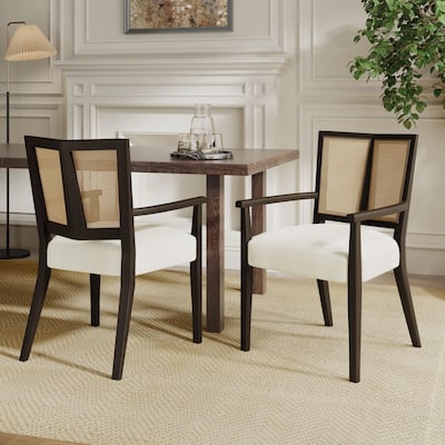 Set of 2 Modern Wooden Arm Dining Chairs with Rattan Backrest, Upholstered Fabric Seat, Rubberwood Frame