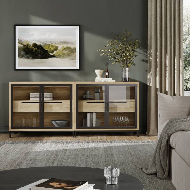 Mackenna Metal and Glass Sideboard Accent Cabinet with Two Doors, Oak Credenza for Kitchen or Living Room - Set of 2