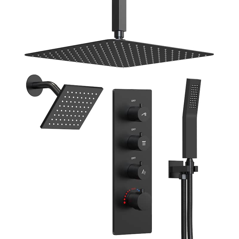 Dual Heads 16" Rainfall & High Pressure 6" Shower System w/ 3 Way Thermostatic Faucet  - Matte Black