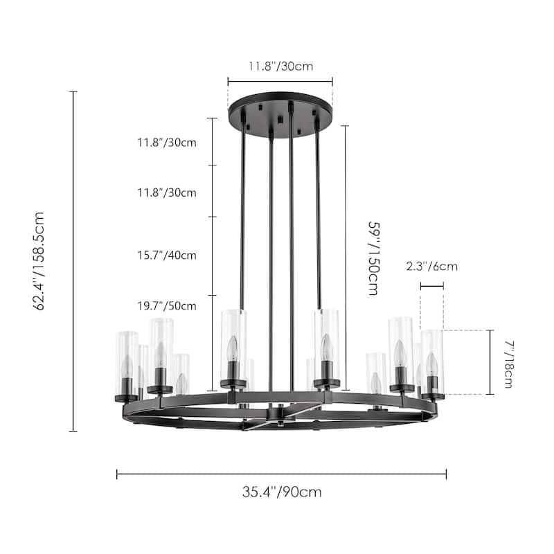 12-Light Mid-Century Modern Cylinder Clear Glass Wagon Wheel Chandelier Gold/Black Large Chandelier