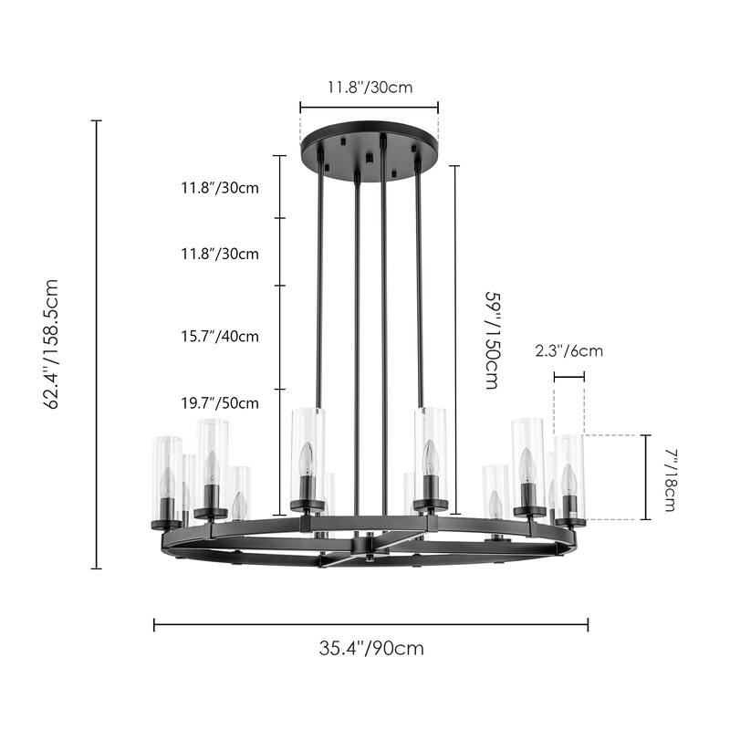 12-Light Mid-Century Modern Gold/Black Clear Glass Large Wagon Wheel Chandelier for Dining Room/ Living Room