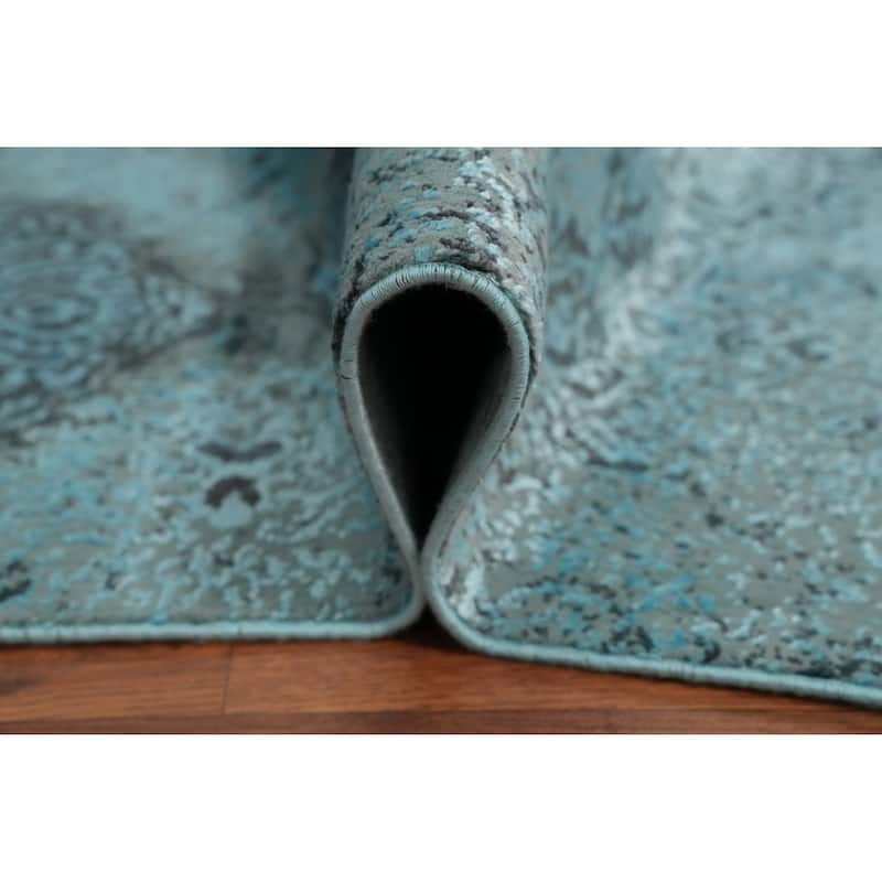 Machine Made Oriental Polyester Carpet Traditional Floral Navy Blue & Blues Agra Area Rug - 7' 5'' X 5' 2''