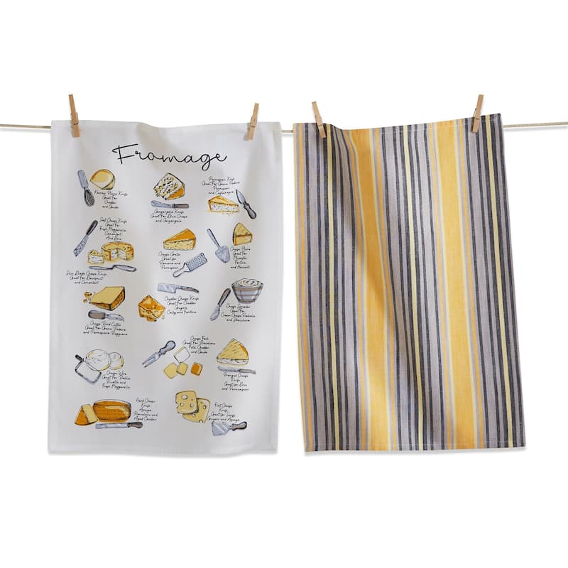 Set of 2 Fromage Cheese Themed with Coordinating Yellow Black Stripe Cotton Kitchen Dishtowels 26L x 18W in.