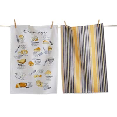Set of 2 Fromage Cheese Themed with Coordinating Yellow Black Stripe Cotton Kitchen Dishtowels 26L x 18W in.