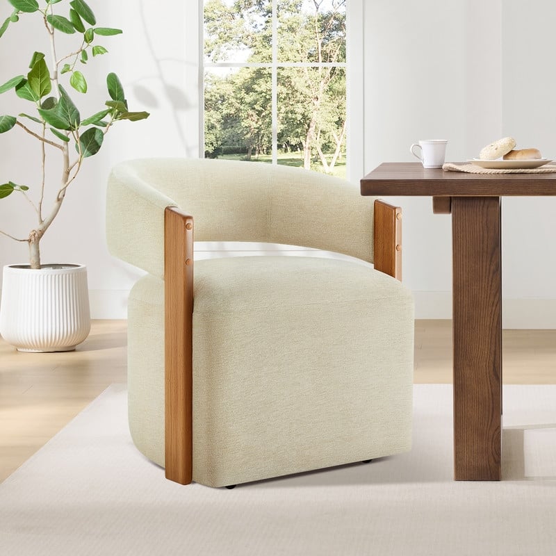 Spruce & Spring Nova Modern Upholstered Dining Chair with Casters & Wood Armrests - Single - Beige Sand