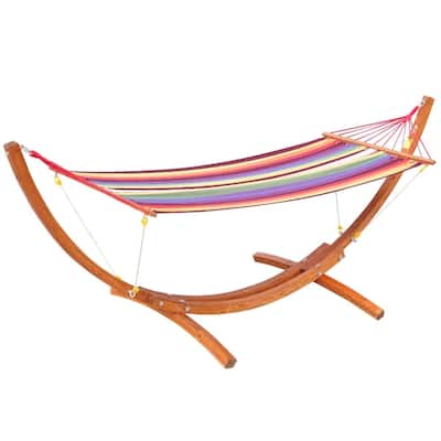 Premium Wooden Hammock with Stand and Multi Color Striped Cotton Bed for Outdoor Patio and Deck Relaxation