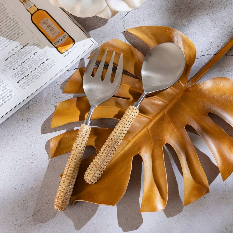 Set of 2 Stainless Steel & Wood Handle Salad Set