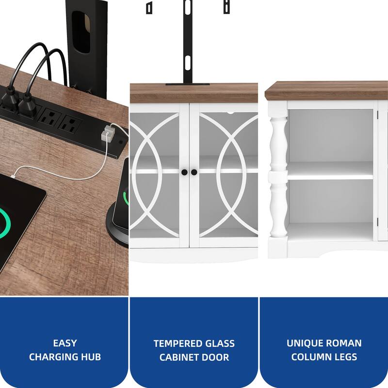 Moasis Farmhouse TV Stand with Mount for 32-70 Inch TVs, Entertainment Center with Power Outlets & Tempered Glass Doors