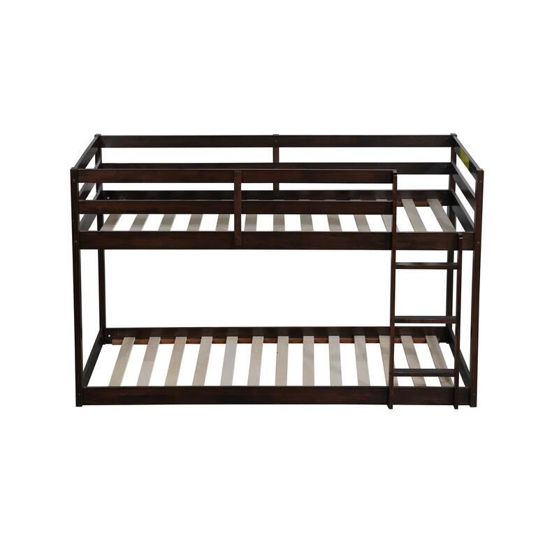 Solid Wooden, Solid Rubber Wooden Twin over Twin Floor Bunk Bed with Ladder, with Strengthened Slats
