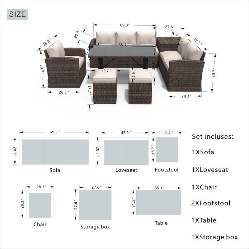 7-piece Patio Outdoor Wicker Sectional Sofa Set with Storage Box and Ottoman