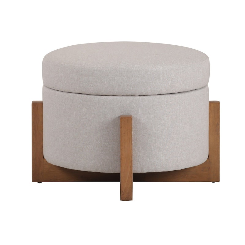 Modrest Sada Mid-Century Modern Beige Linen & Chestnut Round Ottoman