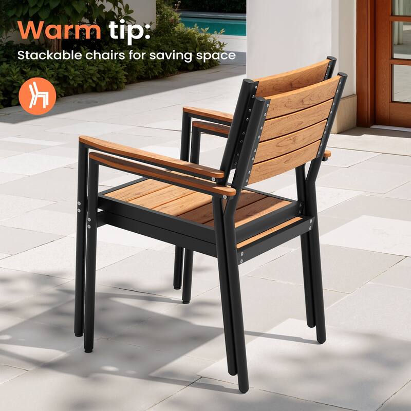 7PC Pellebant Outdoor Patio Aluminum Expandable Dining Table WPC Top with Stackable Armchairs