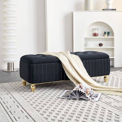 Upholstered Velvet Fabric Storage Ottoman with Safety Hinge