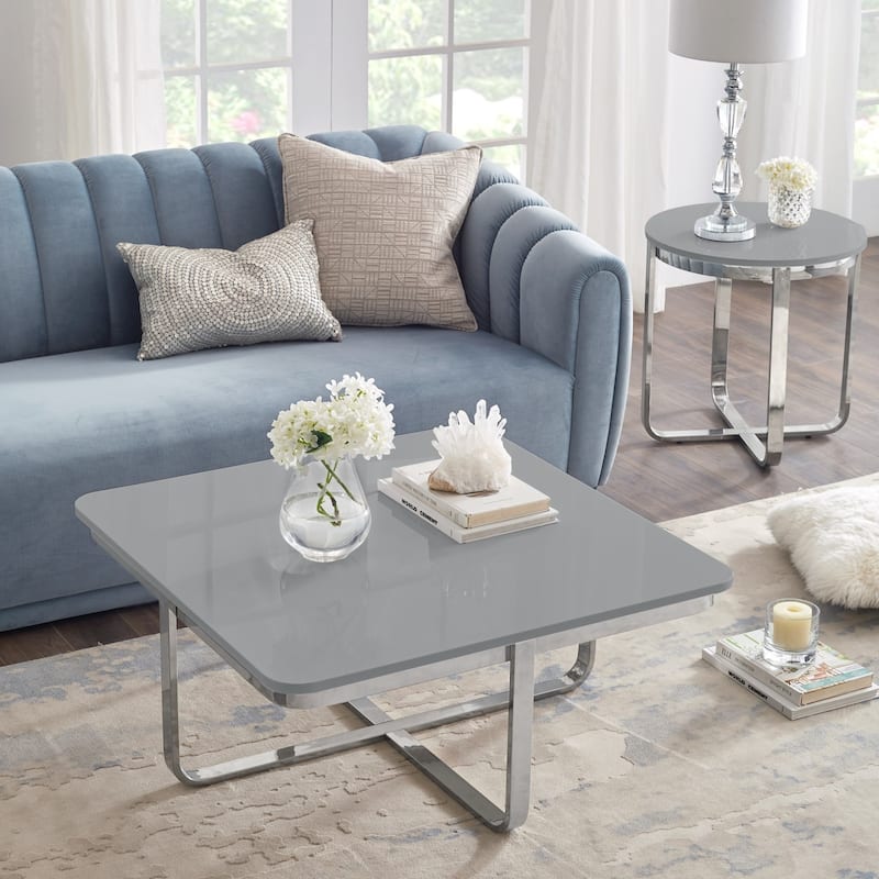 35" Sleek Square Coffee Table with Chrome Cross Legs and Stainless Steel Frame Modern Wood Design - 35.4”L x 35.4”W x 15.6”H