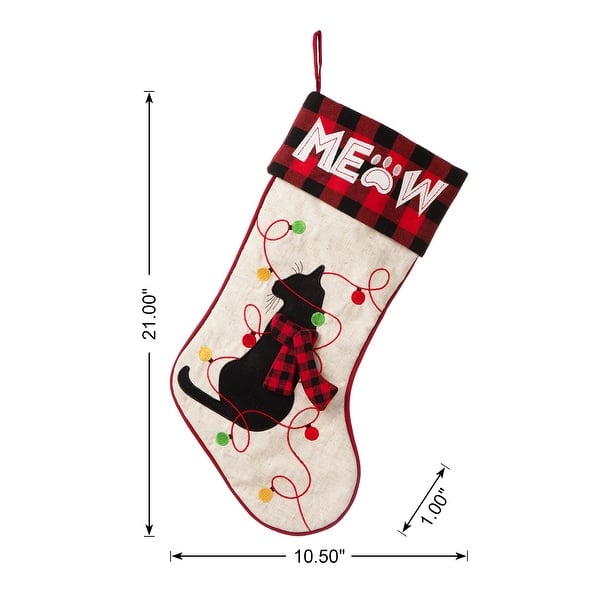 dimension image slide 2 of 4, Glitzhome 21"L LED Embroidered Linen Reindeer Cat Dog Christmas Stockings
