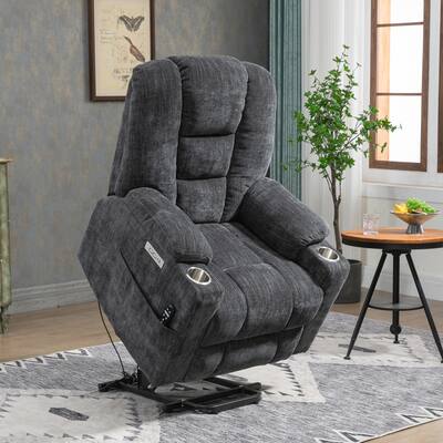 Grey Chenille Power Lift Recliner Chair with Easy Stand Assistance, Massage, USB and Type C Ports, Cup Holders