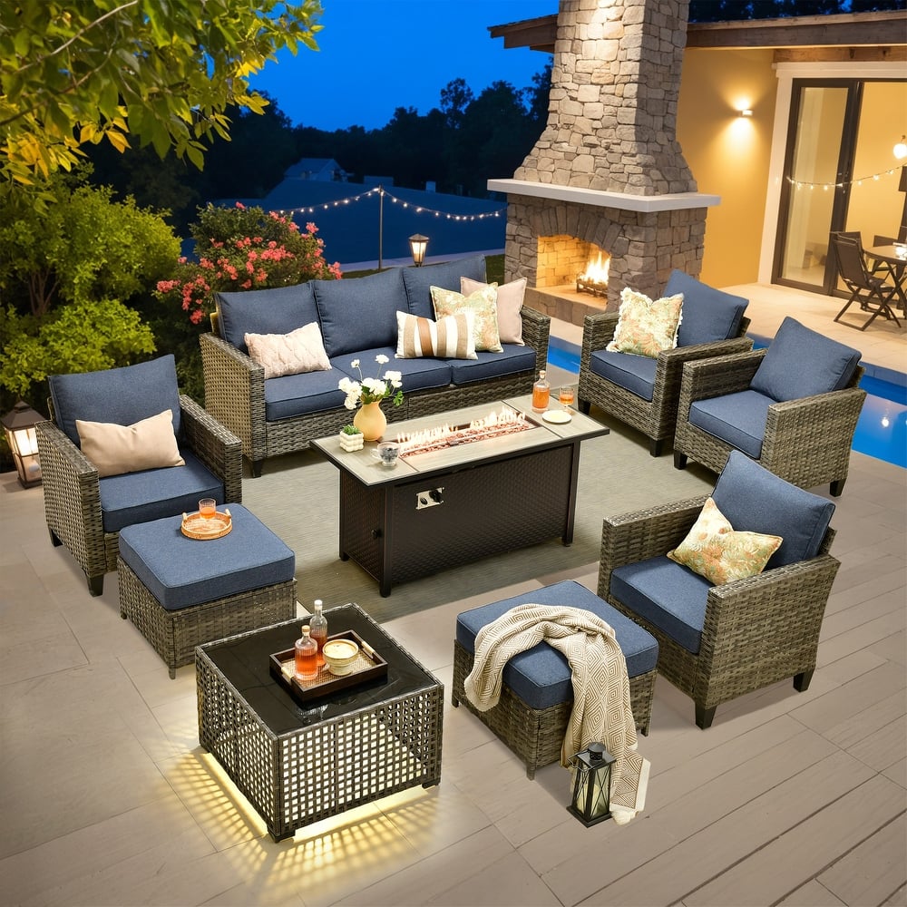 OVIOS 9 Pieces Patio Furniture Set with Solar-Powered Table & 54" Fire Table