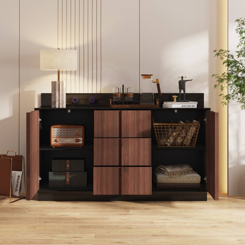Modern Black High-Gloss Sideboard Buffet Cabinet with Coffee Wood Grain Doors, Sliding Power Outlet & Cable Management Box