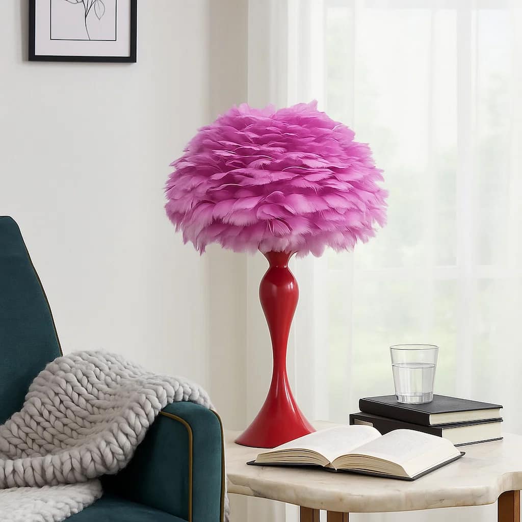 Lily 24 Inch Metal Glam Feather Table Lamp, Candlestick, 40W, Pink, Red