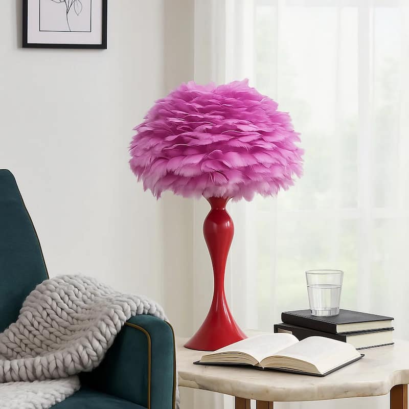 Lily 24 Inch Metal Glam Feather Table Lamp, Candlestick, 40W, Pink, Red