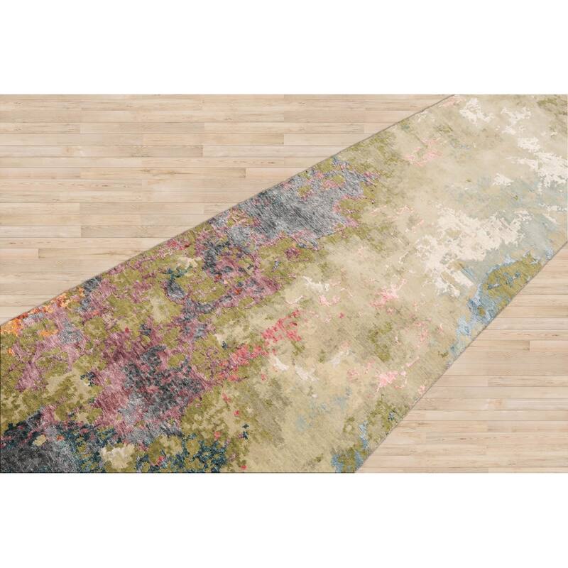 Hand Knotted Beige Sherpa Wool & Silk Modern Oriental Area Rug - 2' 5'' x 12'