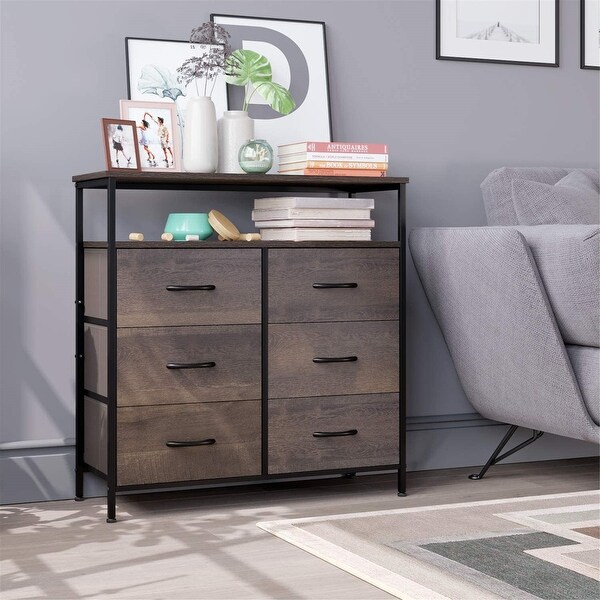 Dresser Chest with 6 Drawers, Wide Chest of Drawers with 2 Tier Wood Shelves, Sturdy Metal Frame. Opens flyout.