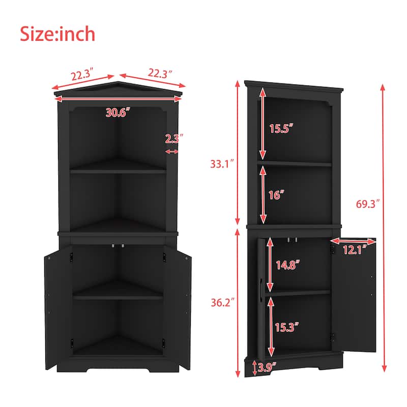 Corner Accent Cabinet with Barn Door & Open Shelves, Freestanding Corner Storage Cabinet