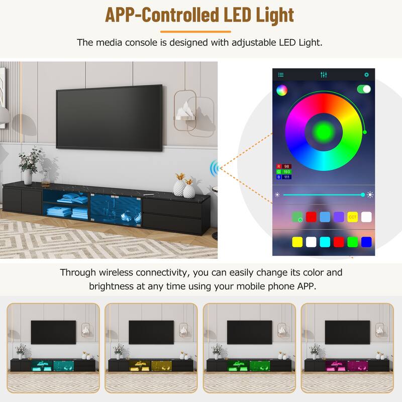 Modern APP Controlled LED TV Stand for TVs up to 105" with Faux Marble Top, Tempered Glass Doors, 2 Drawers & Cabinets, Black