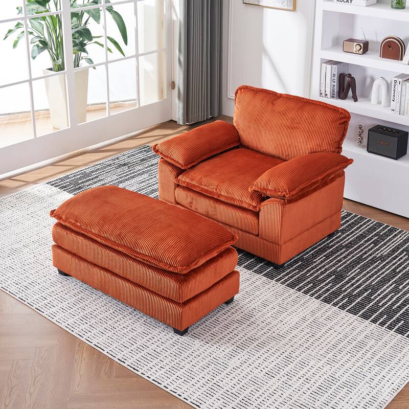 Deep Seat Accent Chair & Ottoman Set of 2, Reclining Sofa Chair, Corduroy Upholstered Chaise Lounge Couch with 2 Toss Pillows