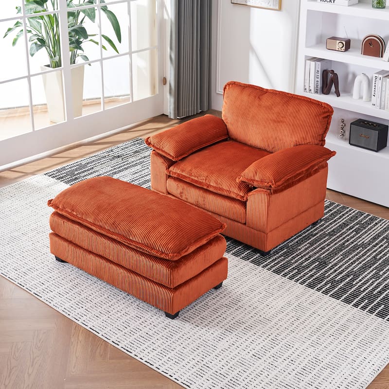 Orange 59.3" Corduroy Single Deep Seat Sofa with 2 Toss Pillows and Ottoman for Living Room