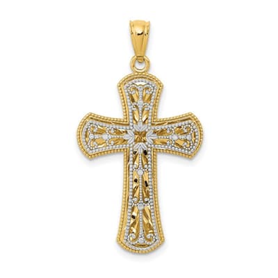 Curata 14k Two-tone Gold 18" 2 Level Ornate Cross Pendant Necklace - 35.25x19.4mm
