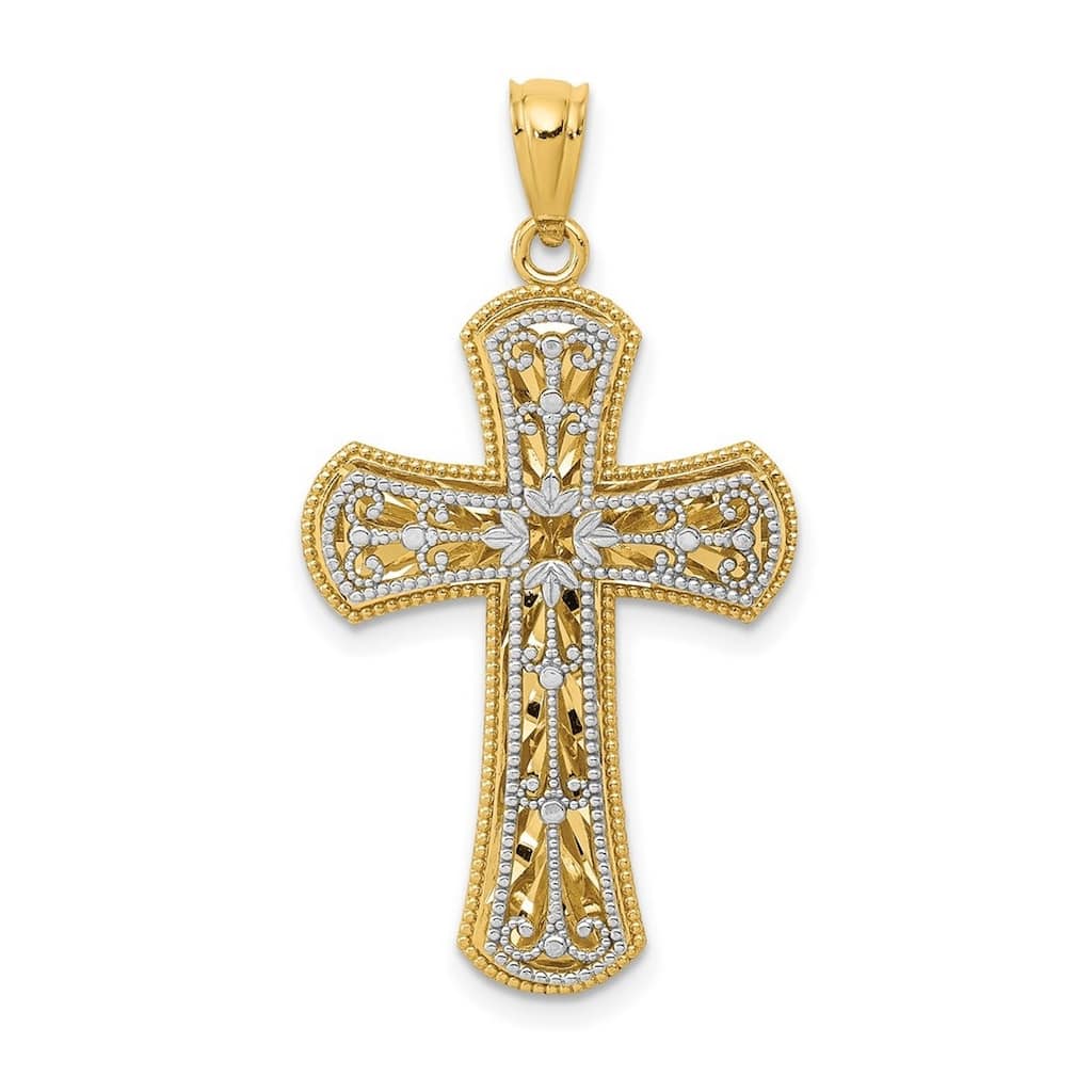 Curata 14k Two-tone Gold 18" 2 Level Ornate Cross Pendant Necklace - 35.25x19.4mm
