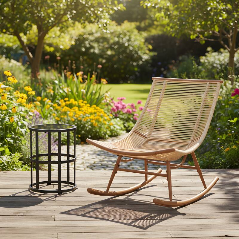 Christopher Knight Home - Altea Smooth Arc Back Outdoor Rocking Chair Set with Cushions and Ceramic Tile Side Table - Brown+Beige+Black - 2-Piece Set