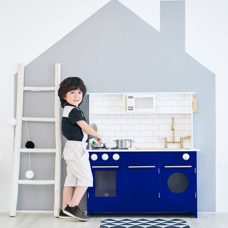 Teamson Kids - Little Chef Berlin Modern Play Kitchen - White / Blue - 34.02" L x 11.73" W x 37.24" H