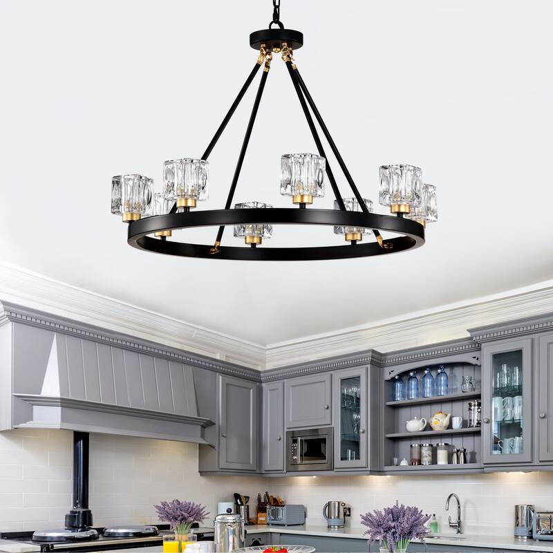 Farmhouse Modern Small Crystal Round Ceiling Light Wagon Wheel Chandelier, for Living Room, Kitchen Island, Dining Room