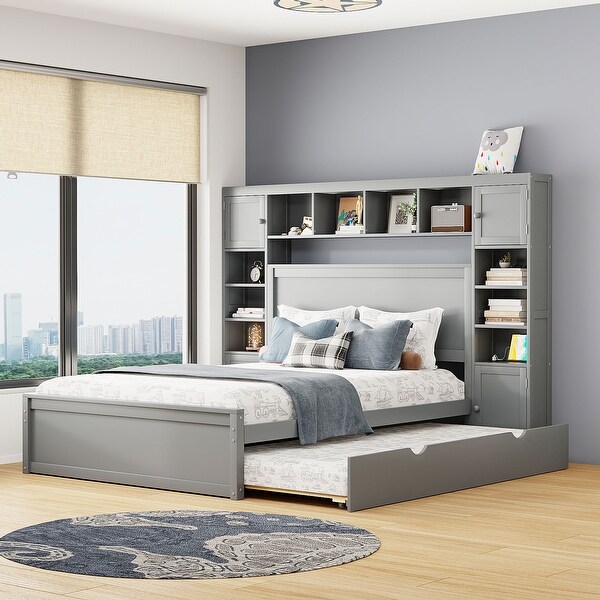 Queen Size Bed Frame Storage Bed with Built in Cabinet and Shelf Bookcase Headboard Platform Bed w Pull out Trundle Bed Gray Bed Bath Beyond 40801457