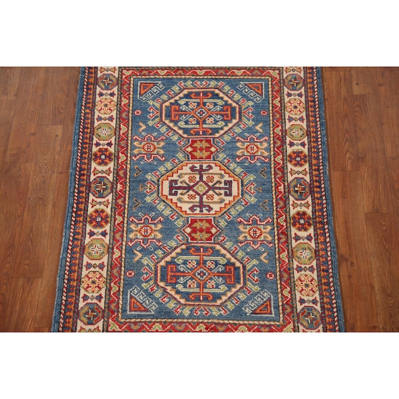 Blue Kazak Oriental Accent Rug Hand-Knotted Geometric Wool Carpet - 2'8"x 4'1"