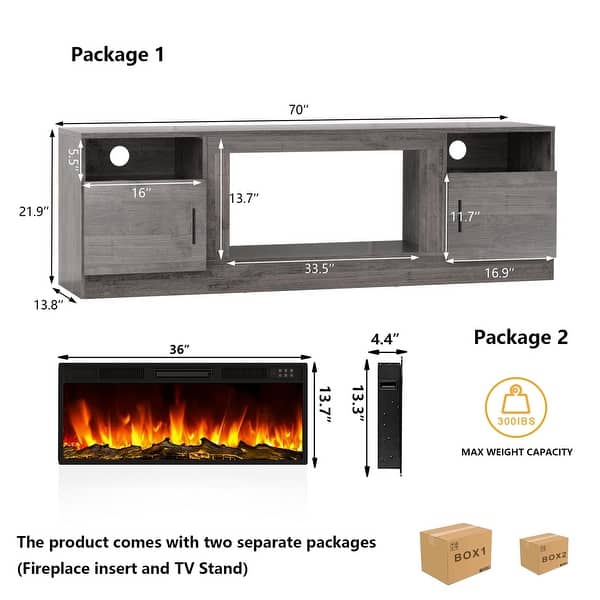 dimension image slide 2 of 6, Bossin 70" Fireplace TV Stand with 36" Electric Fireplace, TV Stand for TVs Up to 80", 20 Colors LED Lights/Entertainment Center
