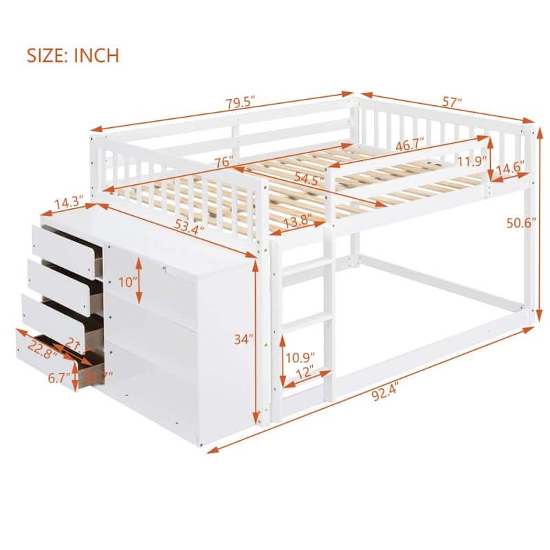 Wood Bunk Bed with 4 Drawers and 3 Shelves