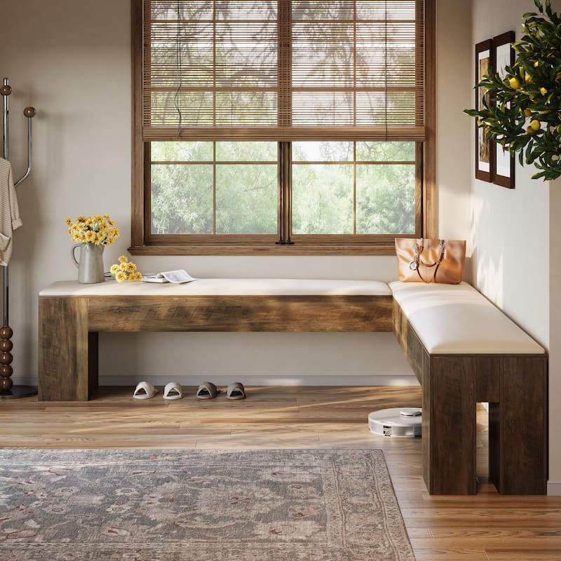 61 Inch L-Shaped Bench with Padded Seat Cushion for Entryway / Bedroom / Living Room / Kitchen Dining Room - White & Brown