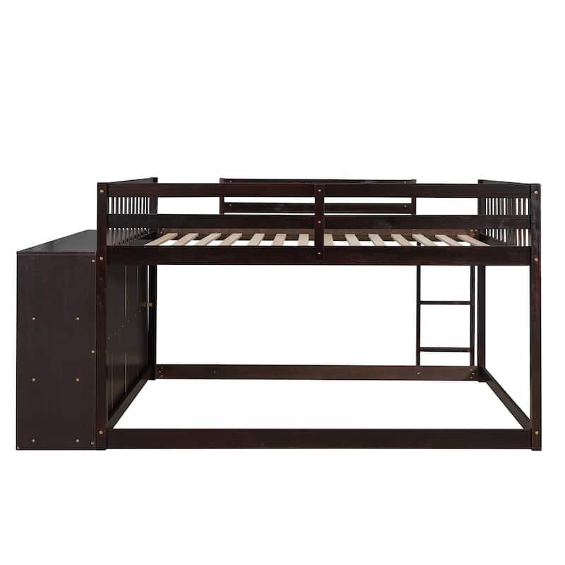 Full over Full Bunk Bed Wood Frame Bed with 4 Storage Drawers and 3 Shelves, Full-Length Guardrail Top Bunk for Kids Teens