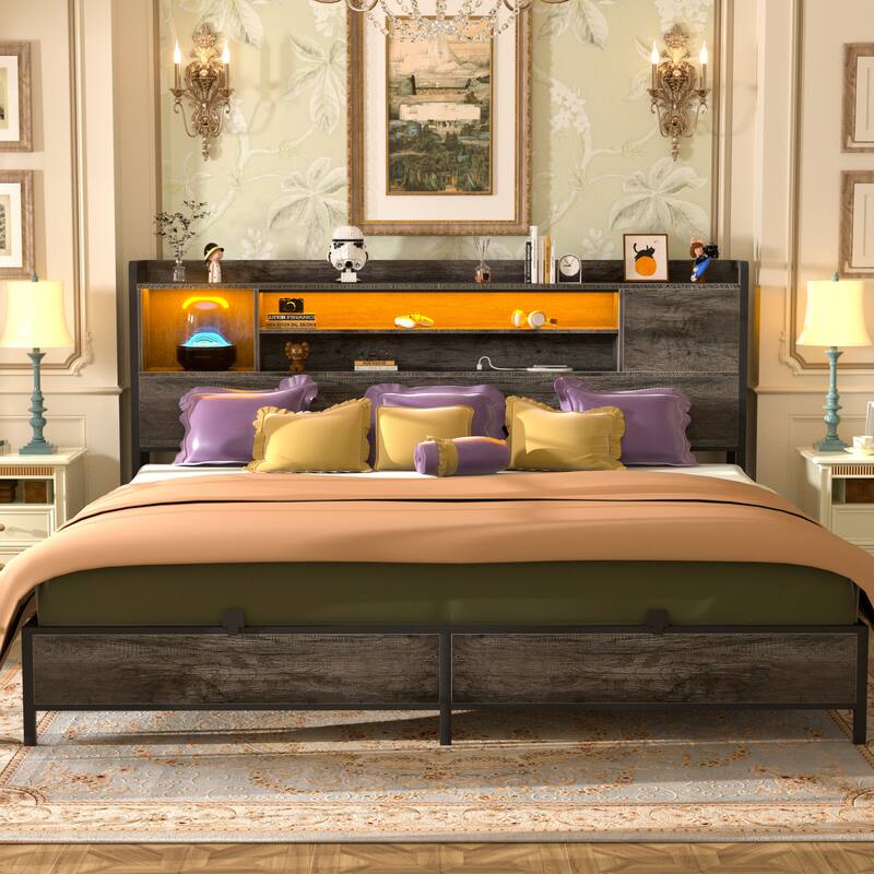 Platform Bed Frame with Reversible Storage Bookcase Headboard and Charging Station and RGB LED Lights