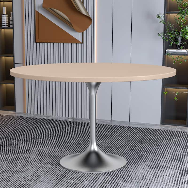 LeisureMod Verve 48" Round Dining Table with MDF Wood TableTop and Brushed Chrome Base for Kitchen & Dining Room