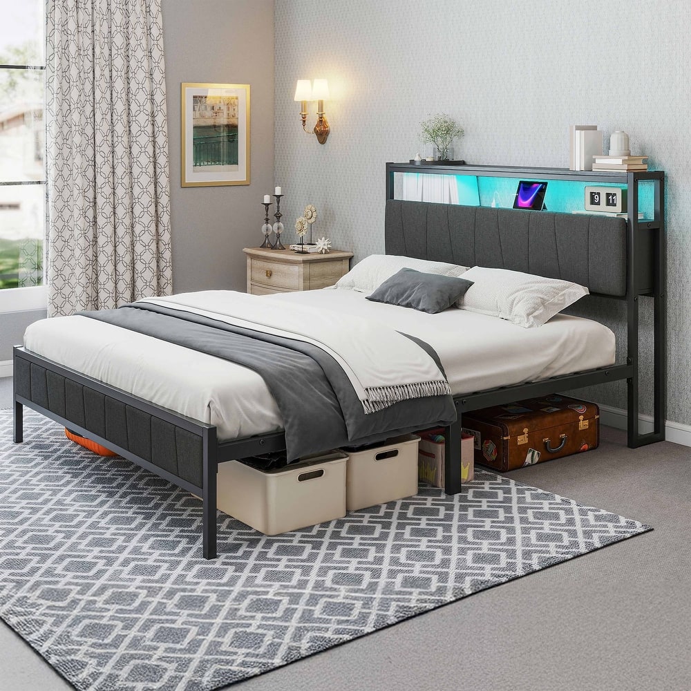 Storage Upholstered Platform Bed with LED Lighting Included and Built In USB Port