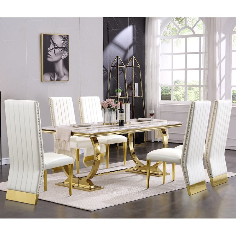 Brushed Gold Dining Table with 78 inch Glass Top and Tapered Barrel Base