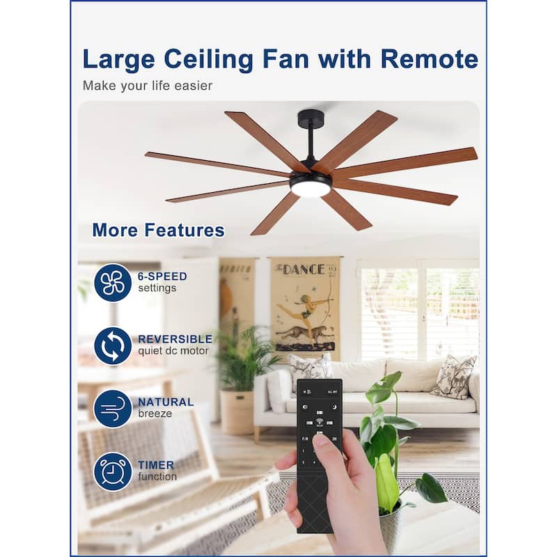 Large Ceiling Fan with Light - 8-Blade, Remote App Control, Dimmable 3CCT, Quiet DC Motor​, 66/72 Inches
